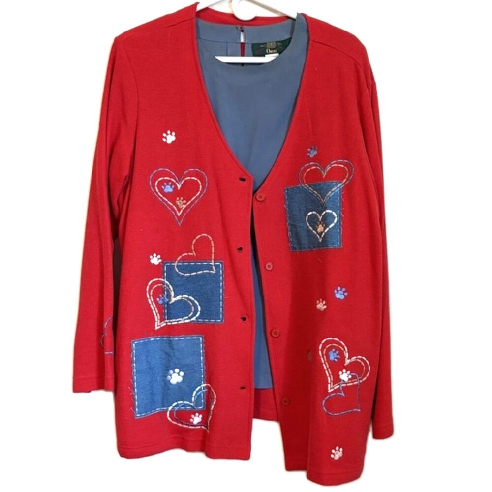 Orvis 100% Silk Blue Top & Blair Red Embroidered Cardigan 2-Piece Set L